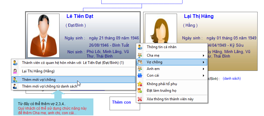 Cách thêm nhiều Vợ/ Chồng cho một thành viên bằng phần mềm gia phả?