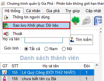 Chọn Menu hệ thống và chọn “Sao lưu khôi phục dữ liệu”