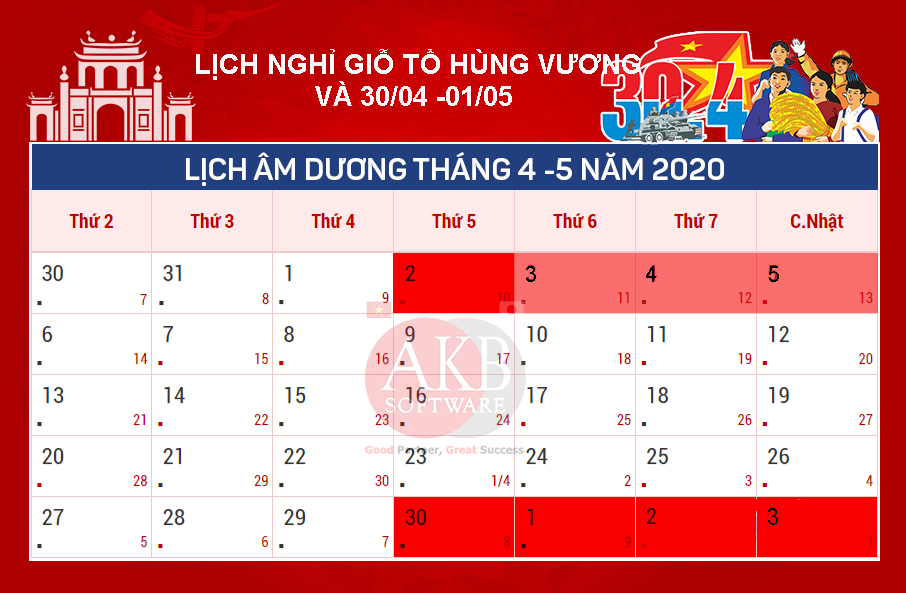 Lịch nghỉ Giỗ tổ Hùng Vương và 30/4 -1/5 năm 2020