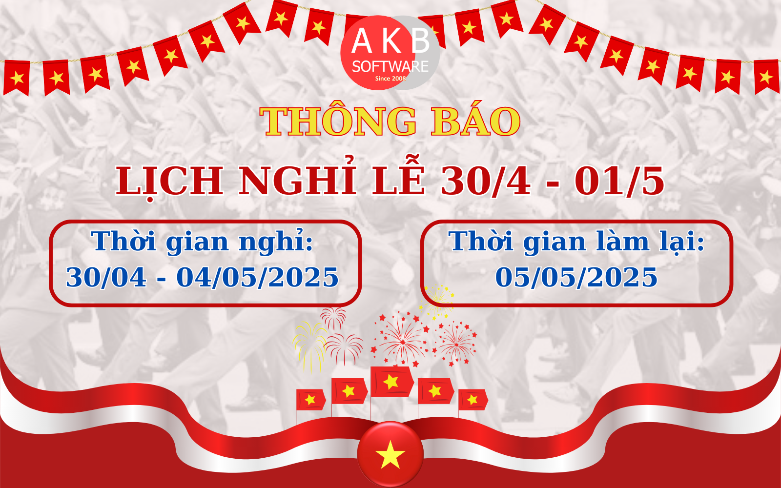 Thông báo nghỉ lễ 30/4 và Quốc tế lao động 01/5