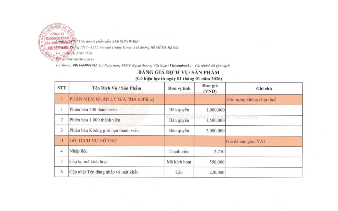 Bảng Giá Dịch Vụ & Sản Phẩm 2026