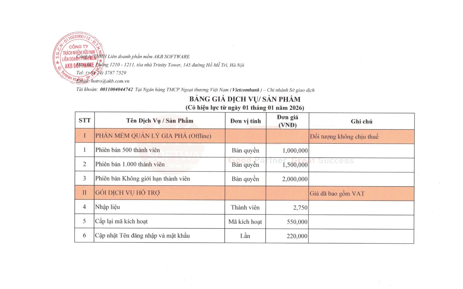 AKB SOFTWARE_Bảng giá sản phẩm - dịch vụ
