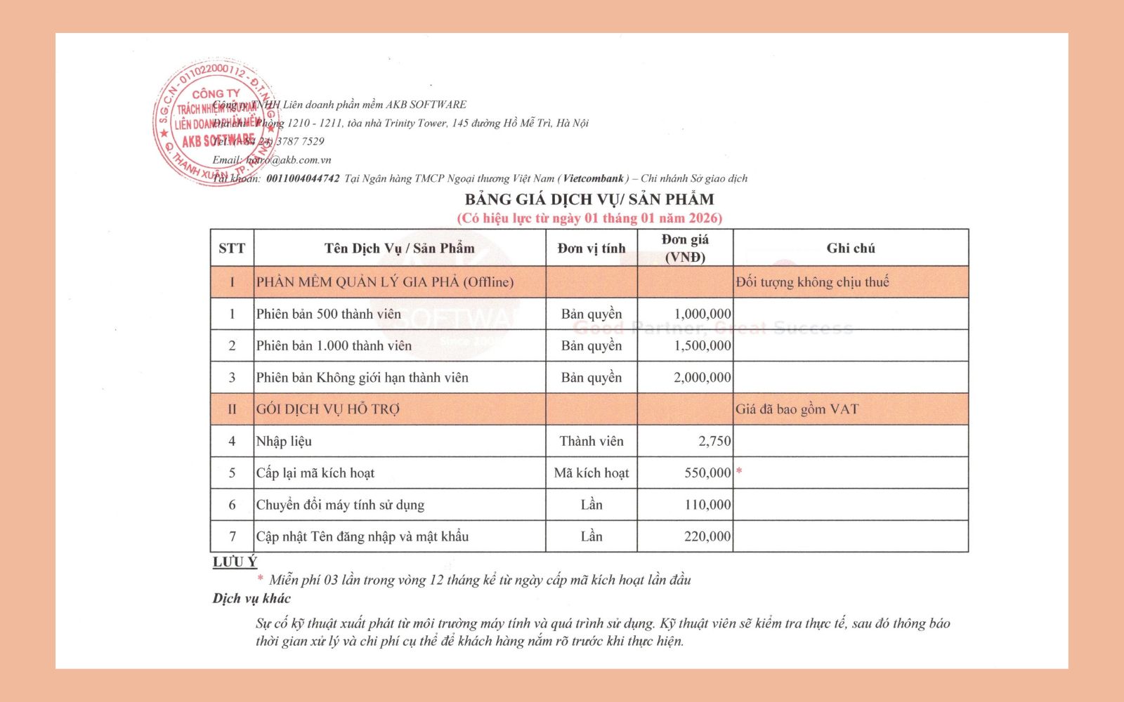 Bảng Giá Dịch Vụ & Sản Phẩm 2026